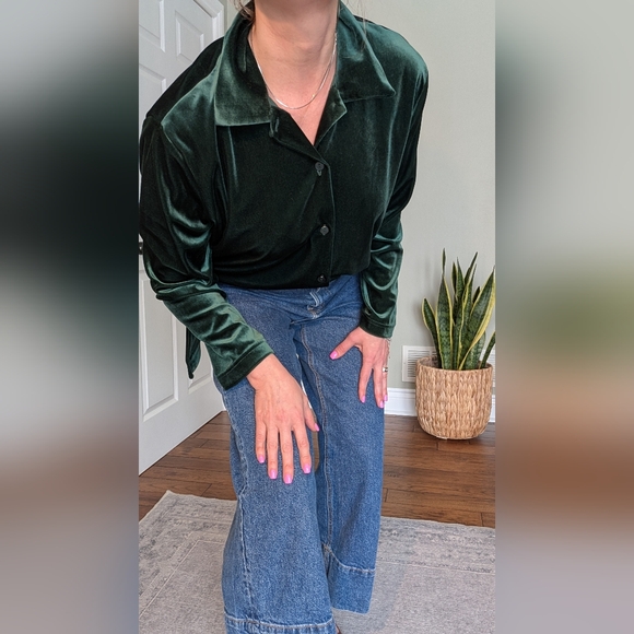 Retro Carol Reed Collection Women's Green Blouse Stretch Velvet Like Button-Up L - Picture 6 of 16
